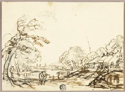 Two Figures along River near Bridges and Houses (recto); Two Figures on Bridge Looking at Man in Punt (verso)