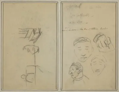Two Figures and a Bench; Three Studies of Men's Heads and One of a Hand [recto]