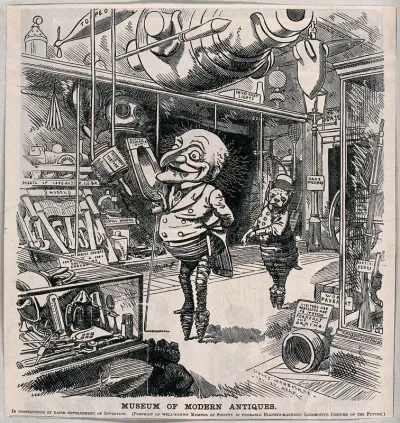 Two figures, Mr Punch and his cat, with springs on their feet, standing in a museum of modern inventions