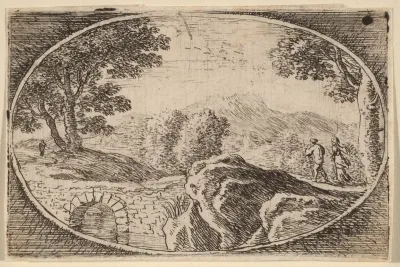 Two Figures near a Small Stone Bridge
