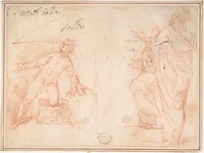 Two Figures: Nude Youth on One Knee, Man Standing with Left Foot Raised