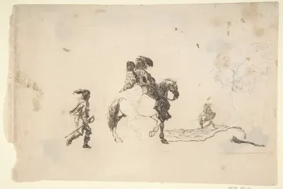 Two Figures on Horseback, a Soldier Walking Behind