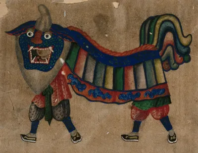 Two figures parade in a Chinese dragon train