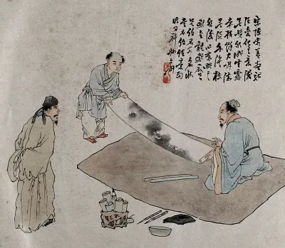 Two figures roll out a scroll of paper with a landscape design on it, watched by a third