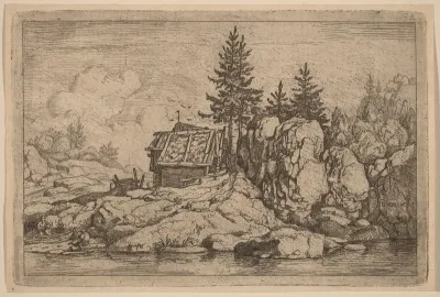 Two Fir Trees near Cottages