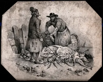 Two fisherman are standing on a beach with their catch including skate and lobster