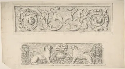Two Frieze Designs: Decorated with Birds, Reptiles and Vines, Griffins and Vases