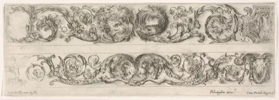 Two Frieze Designs with Acanthus Scrolls combined with a Lion and Eagle on top and Two Rams below, plate 5 from "Decorative friezes and foliage" (Ornamenti di fregi e fogliami)