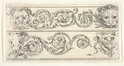 Two friezes; at top, a grotesque head of an old man to left, a lion head to right, at bottom, a ram skull to left, a grotesque head of a man to right, plate 5 from "Friezes, foliage, and grotesques" (Frises, feuillages et grotesques)