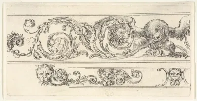 Two friezes; at top, an eagle and the head of a lion, at bottom, a lion head and two grotesque heads of men, plate 7 from "Friezes, foliage, and grotesques" (Frises, feuillages et grotesques)