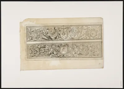 Two friezes with foliate scrolls and coats of arms