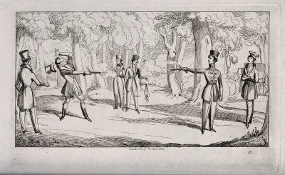 Two gentlemen duelling with pistols
