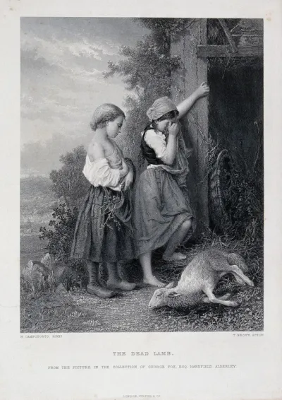 Two girls crying over a dead lamb