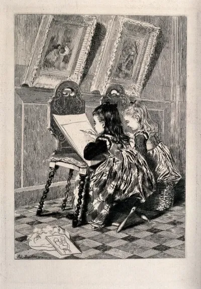 Two girls drawing copies of paintings hanging in a gallery