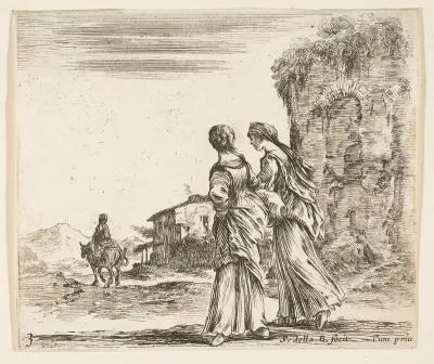 Two girls walking towards the left, seen from behind, a woman on a horse to left in background, plate 3 from "Diversi capricci"