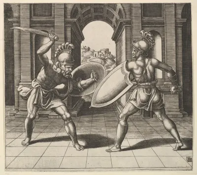 Two gladiators fighting in front of an arch