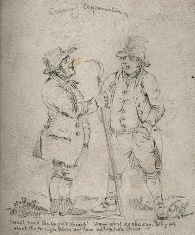 Two Gloucestershire countrymen, one holding a scythe, conversing about foreign affairs