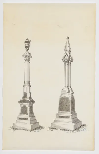 Two Grave Monument Designs, Topped with an Urn and a Gothic Pinnacle, Nos. 1366, 1365