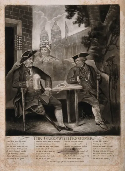 Two Greenwich Pensioners sitting in the garden of a tavern, near the Hospital, a woman behind listening to them, another Pensioner in the distance on the right