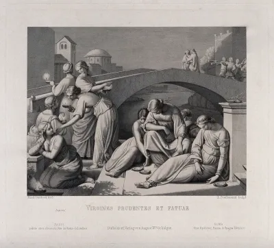 Two groups of bridesmaids wait by a bridge: one with candles, the other dejectedly staring at the ground; representing the biblical parable of the wise and foolish virgins