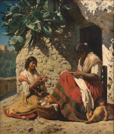 Two gypsy women outside their home