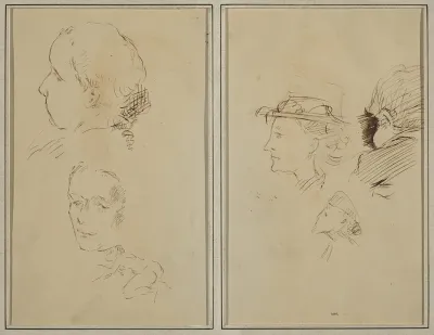 Two Head Studies and a Crouching Nude Woman; Two Women's Heads and a Head of Child [recto]