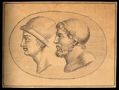 Two heads of ancient Greek soldiers
