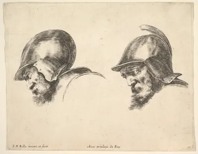 Two heads of old soldiers wearing helmets, both facing left and looking downwards, plate 10 from "The Principles of Design" (I principii del disegno)
