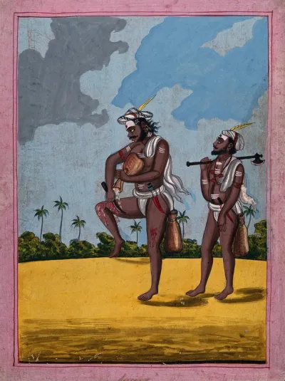Two Hindu ascetics or holy men, one performing self-torture