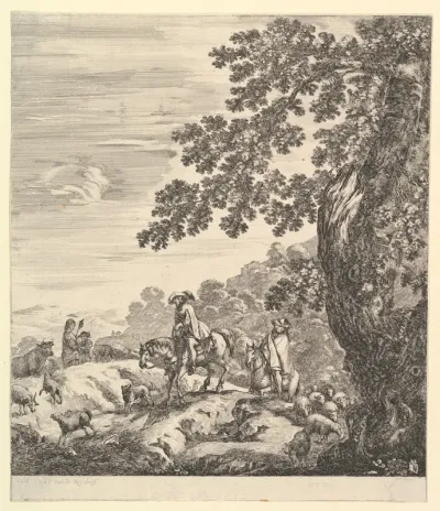 Two horsemen, a peasant woman and a young boy, with a large tree, from "Six large views, four of Rome and two of the Roman countryside" (Six grandes vues, dont quatre de Rome et deux de la Campagne romaine)