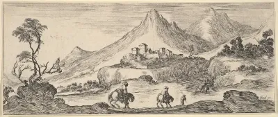 Two horsemen descend a hill in center, following another man on foot, a castle in the mountains in the center background, from "Various Landscapes" (Divers Paysages)