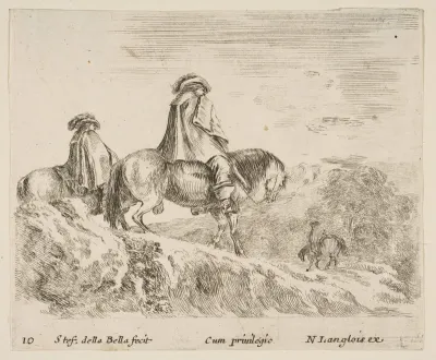 Two horsemen descending a mountain at left, another horseman to right in background, plate 10 from "Diversi capricci"