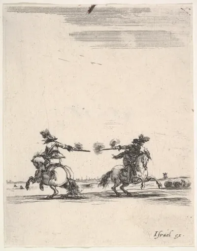 Two horsemen dueling with pistols, one seen from behind riding towards the left, one riding towards right, from "Various cavalry exercises" (Diverses exercices de cavalerie)