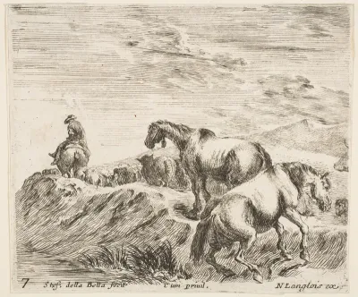 Two horses ascending the bank of a river at right, following a procession of horses and one horseman to the left, plate 7 from "Diversi capricci"
