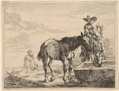 Two Horses Drinking at a Trough