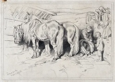 Two horses in a stable with a woman sitting next to them mending a yoke