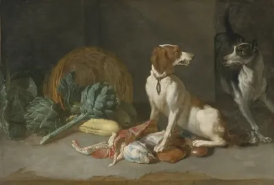 Two Hounds with a Still Life of Entrails, Artichokes, Lettuce, Squash and a Woven Basket