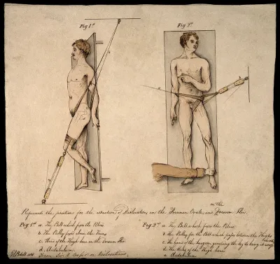 Two human figures illustrating the reduction of dislocations of the foramen ovale and the dorsum ilii