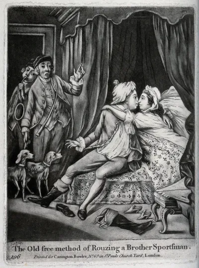 Two hunters with hounds have entered a bedroom to summon another hunter whose wife does not want him to leave