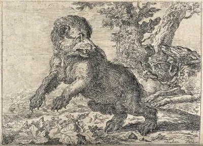 Two hunting dogs chasing a bear in a forest