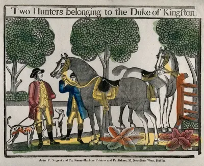 Two hunting horses belonging to the 2nd Duke of Kingston, with two hounds and two horsemen