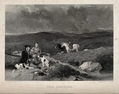 Two huntsmen and their dogs having a rest amidst their prey near a stream in the countryside