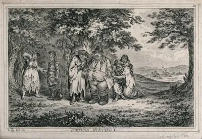 Two huntsmen in a clearing are surrounded by gypsies who read their palms as a decoy for stealing their belongings