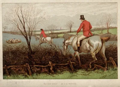 Two huntsmen jumping over a fence to reach their hounds at the kill