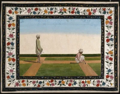 Two Indian men (gardeners?): (left) standing, holding an instrument, and (right) squatting, trimming the edge of a lawn