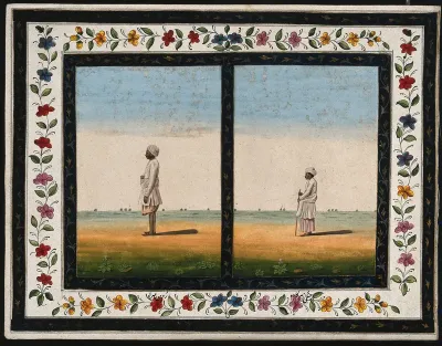 Two Indian men in profile to left: (left) holding right hand in front of him, and (right) holding red cane with gold top