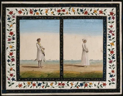 Two Indian men in profile to right: (left) a man with a sword and (right) a man standing