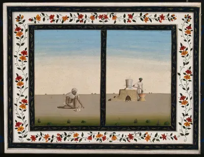 Two Indian men: (left) a seated man filing a piece of metal (?), and (right) a standing man operating a still