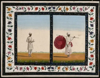 Two Indian men: (left) bringing a cup of tea or other drink, and (right) holding a large purple fan or canopy on a pole