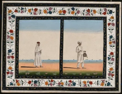 Two Indian men: (left) carrying a rod, and (right) carrying a bird in a cage